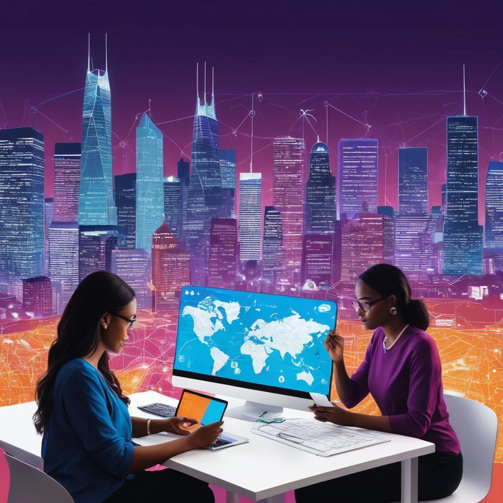 A digital map illustrating various tech pathways leading to affordable insurance icons, such as policy documents and dollar signs, interconnected with vibrant data streams. Include a diverse group of individuals using laptops and smartphones, symbolizing navigation through the insurtech landscape. The background should be a modern city skyline, representing innovation and growth. vivid colors. modern infographic style.