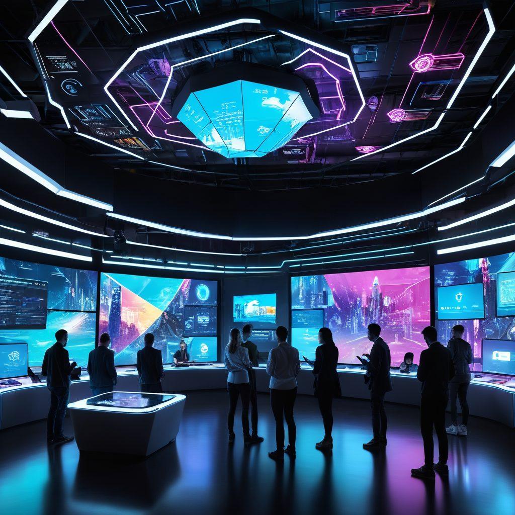 A futuristic digital landscape featuring a diverse group of people engaging with advanced technology, exploring various insurance options on holographic screens. Emphasize a blend of confident expressions and dynamic interfaces displaying policy choices and coverage options. Integrate symbols of security and smart technology, such as locks and lightbulbs, along with vibrant colors to convey innovation and trust. Cyberpunk aesthetic. Bright neon accents.
