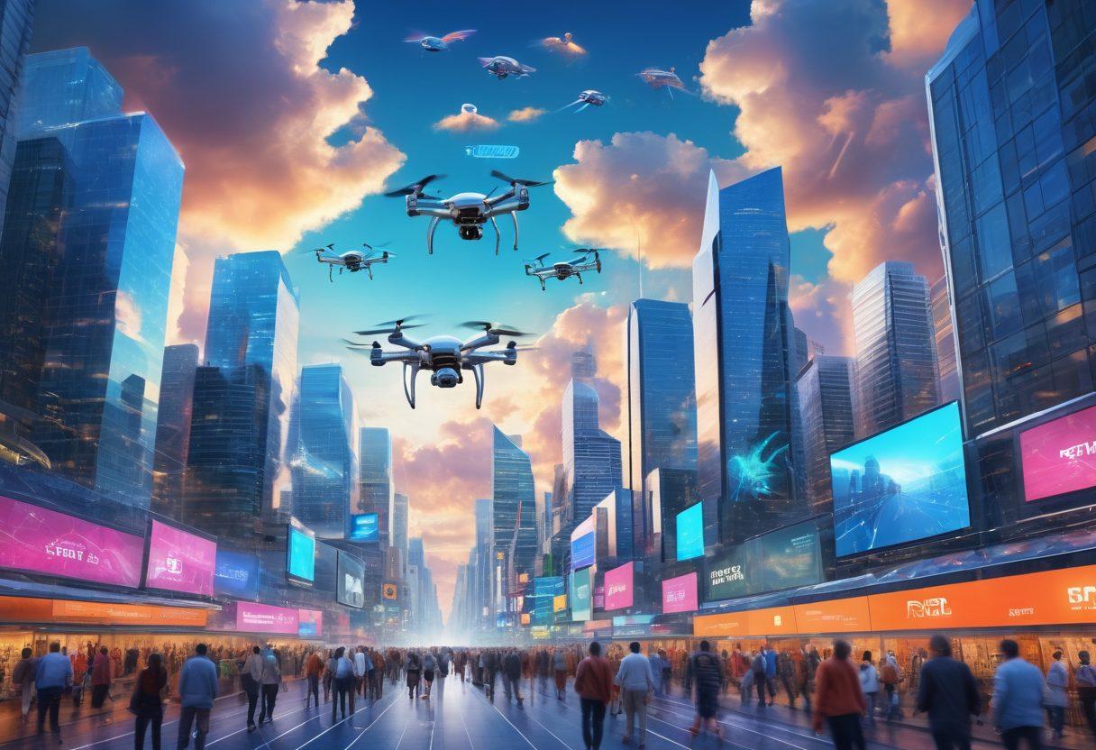 A futuristic cityscape with diverse people engaging in online insurance transactions on digital devices. Highlight various affordable coverage solutions through visually appealing infographics and icons. Include elements representing technology and innovation, like drones and holograms, set against a bright, optimistic sky. super-realistic. vibrant colors. 3D.